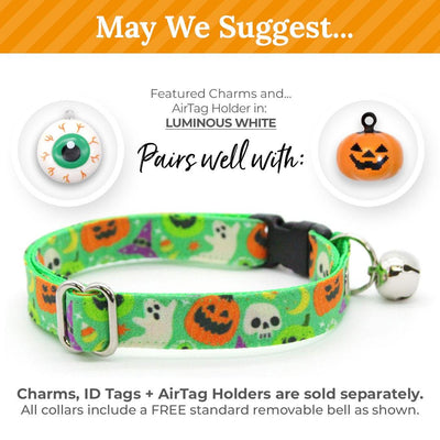 Bow Tie Cat Collar Set - "Creepy Cuties - Green" - Halloween Cat Collar with Bow Tie / Ghost, Pumpkin, Skull / Cat, Kitten, Small Dog Sizes