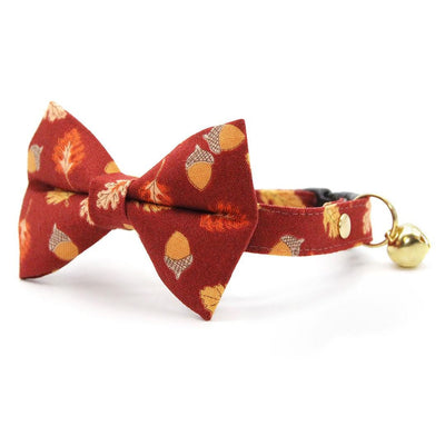 Fall Cat Collar - "Acorn Hill" - Burgundy Autumn Leaves Cat Collar / Thanksgiving / Breakaway Buckle or Non-Breakaway / Cat, Kitten + Small Dog Sizes