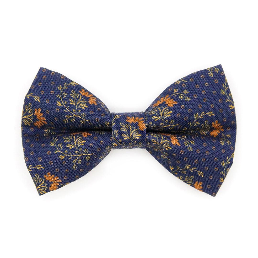 Navy Blue Cat Bow Tie - "Indigo Manor" - Heritage Fall Floral Bow Tie for Cat Collar / Victorian, William Morris / Cat, Kitten + Small Dog Bowtie