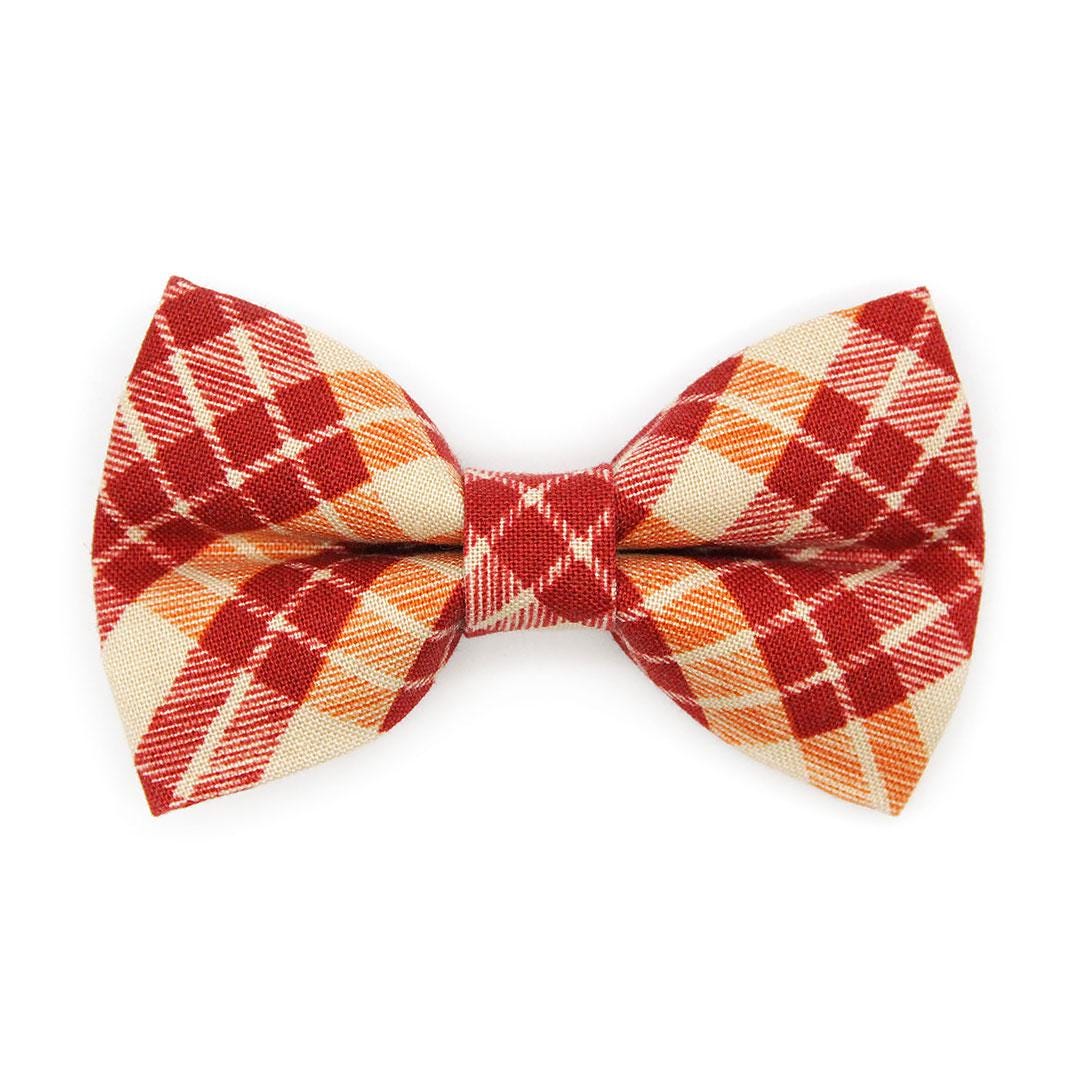Cranberry Plaid Cat Bow Tie - "Russet Ridge" - Fall Burgundy Bow Tie for Cat Collar / Thanksgiving, Maroon / Cat, Kitten + Small Dog Bowtie