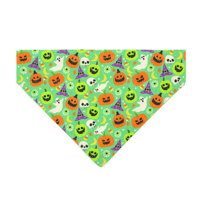Halloween Cat Bandana - "Creepy Cuties - Green" - Spooky Green Bandana for Cat + Small Dog / Ghost, Pumpkin, Skull / Slide-on Bandana / Over-the-Collar