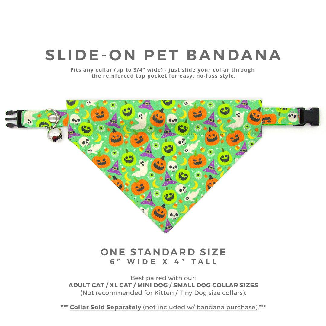 Halloween Cat Bandana - "Creepy Cuties - Green" - Spooky Green Bandana for Cat + Small Dog / Ghost, Pumpkin, Skull / Slide-on Bandana / Over-the-Collar