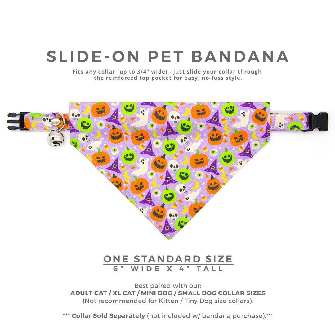 Halloween Cat Bandana - "Creepy Cuties - Purple" - Spooky Purple Bandana for Cat + Small Dog / Ghost, Pumpkin, Skull / Slide-on Bandana / Over-the-Collar