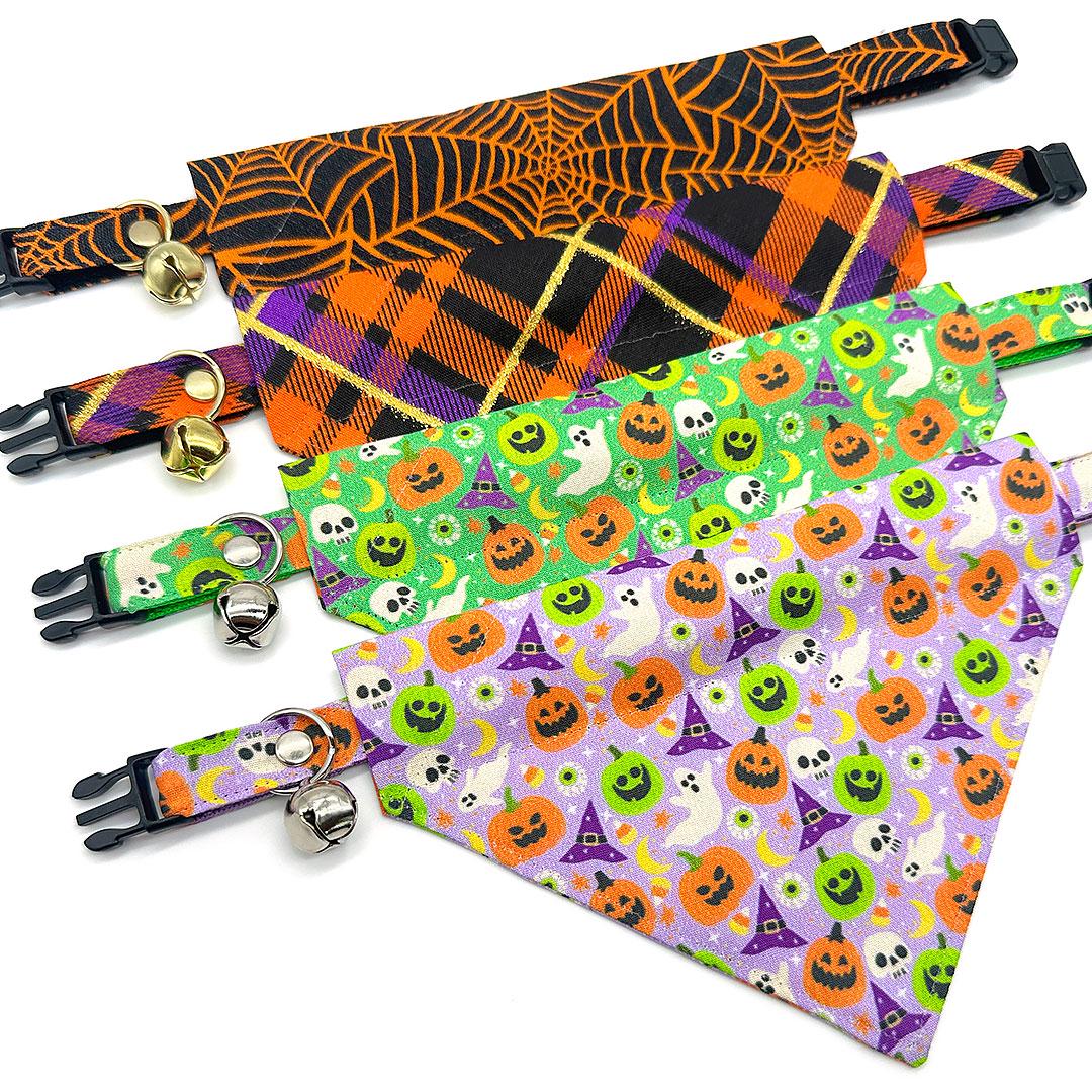Halloween Cat Bandana - "Midnight Mischief" - Spooky Plaid Bandana for Cat + Small Dog / Orange, Black, Purple / Slide-on Bandana / Over-the-Collar
