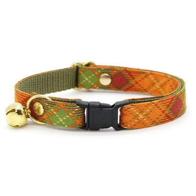 Cat Collar + Flower Set - "Maplewood" - Fall Plaid Cat Collar w/ Orange Felt Flower (Detachable) / Cat, Kitten + Small Dog Sizes