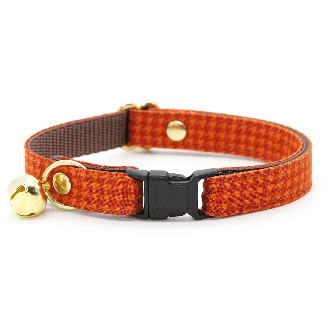 Cat Collar + Flower Set - "Pumpkin Spice" - Fall Orange Houndstooth Cat Collar w/ Orange Felt Flower (Detachable) / Cat, Kitten + Small Dog Sizes