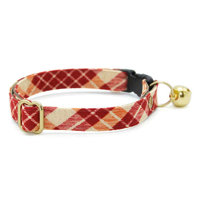 Cat Collar + Flower Set - "Russet Ridge" - Burgundy Fall Plaid Cat Collar w/ Scarlet Red Felt Flower (Detachable) / Cat, Kitten + Small Dog Sizes