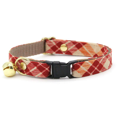Cat Collar + Flower Set - "Russet Ridge" - Burgundy Fall Plaid Cat Collar w/ Scarlet Red Felt Flower (Detachable) / Cat, Kitten + Small Dog Sizes