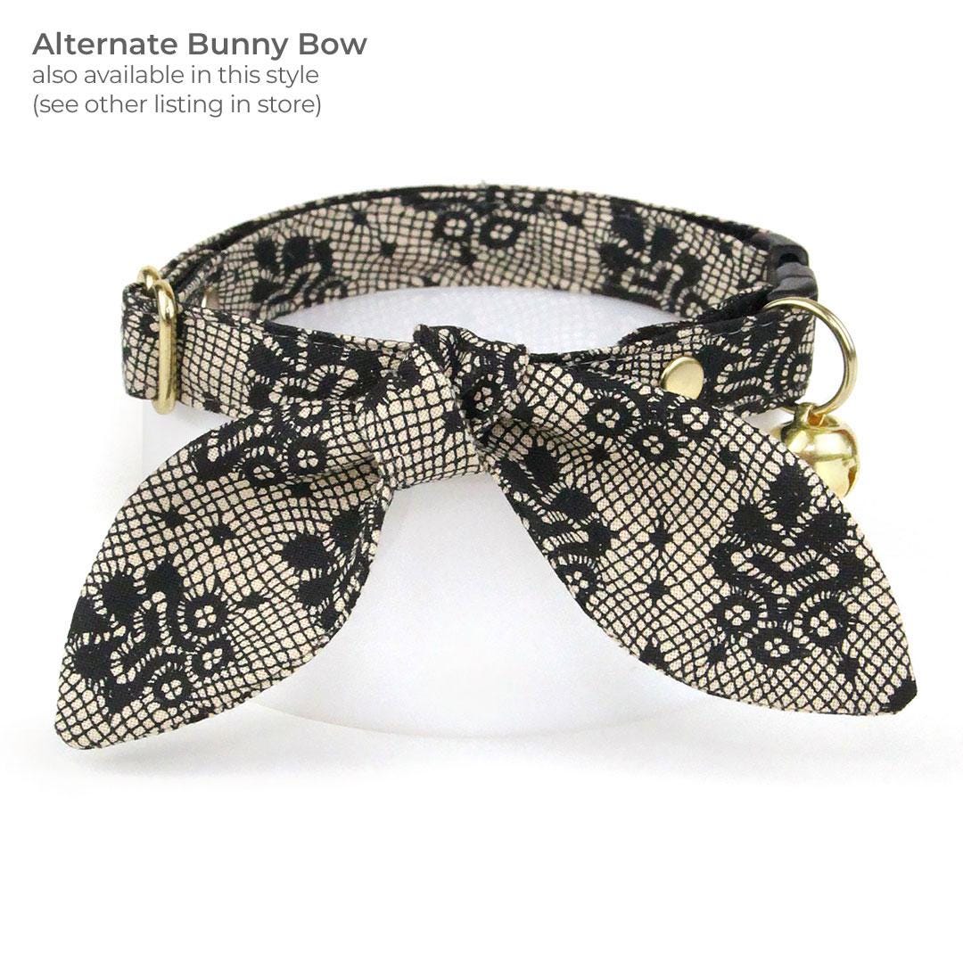 Cat Collar + Flower Set - "Filigree Black" - Simulated Lace Cat Collar w/ Ivory Felt Flower (Detachable) / Wedding, Gothic / Cat, Kitten + Small Dog Sizes