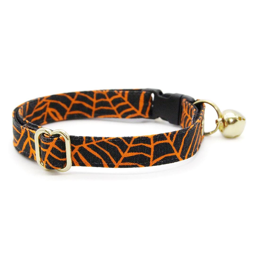 Cat Collar + Flower Set - "Spellbound" - Halloween Spiderweb Cat Collar w/ Orange Felt Flower (Detachable) / Cat, Kitten + Small Dog Sizes
