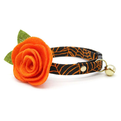Cat Collar + Flower Set - "Spellbound" - Halloween Spiderweb Cat Collar w/ Orange Felt Flower (Detachable) / Cat, Kitten + Small Dog Sizes