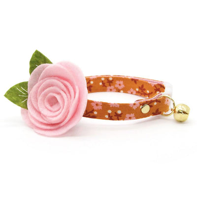 Cat Collar + Flower Set - "Ginger Blossom" - Fall Floral Cat Collar w/ Baby Pink Felt Flower (Detachable) / Cat, Kitten + Small Dog Sizes
