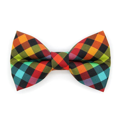 Bow Tie Cat Collar Set - "Metro" - Rainbow Check Plaid Cat Collar with Bow Tie / Arty, Fun, Back to School / Cat, Kitten, Small Dog Sizes
