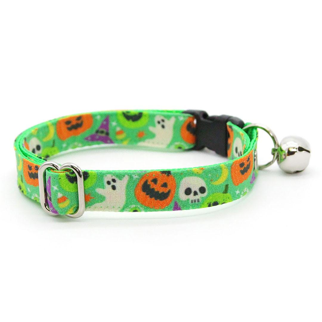 Bow Tie Cat Collar Set - "Creepy Cuties - Green" - Halloween Cat Collar with Bow Tie / Ghost, Pumpkin, Skull / Cat, Kitten, Small Dog Sizes