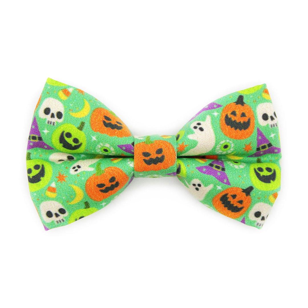 Bow Tie Cat Collar Set - "Creepy Cuties - Green" - Halloween Cat Collar with Bow Tie / Ghost, Pumpkin, Skull / Cat, Kitten, Small Dog Sizes