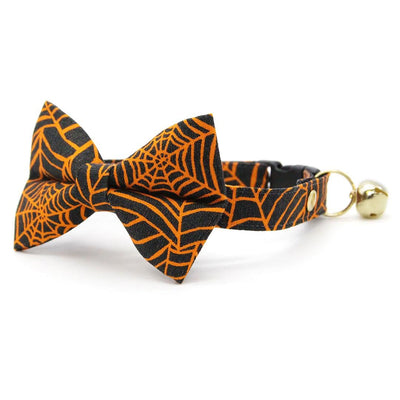 Bow Tie Cat Collar Set - "Spellbound" - Spiderweb Cat Collar with Bow Tie / Orange & Black, Halloween, Spider / Cat, Kitten, Small Dog Sizes