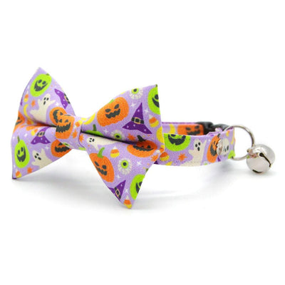 Bow Tie Cat Collar Set - "Creepy Cuties - Purple" - Halloween Cat Collar with Bow Tie / Ghost, Pumpkin, Skull / Cat, Kitten, Small Dog Sizes