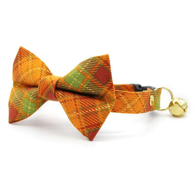 Bow Tie Cat Collar Set - "Maplewood" - Burnt Orange Fall Plaid Cat Collar with Bow Tie / Autumn, Thanksgiving / Cat, Kitten, Small Dog Sizes