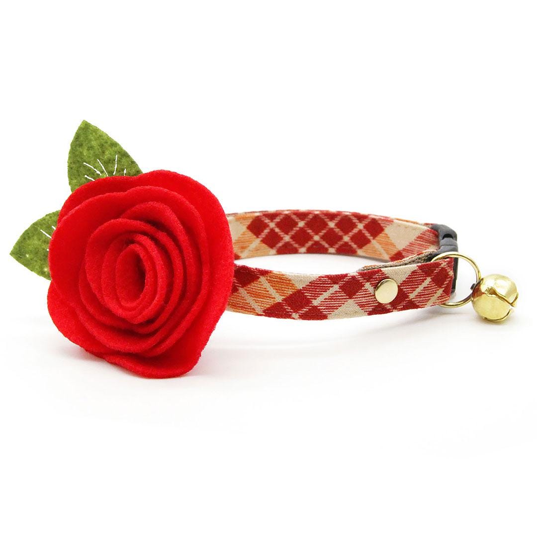 Burgundy Cat Collar - "Russet Ridge" - Fall Cranberry Plaid Cat Collar / Thanksgiving, Winter / Breakaway Buckle or Non-Breakaway / Cat, Kitten + Small Dog Sizes
