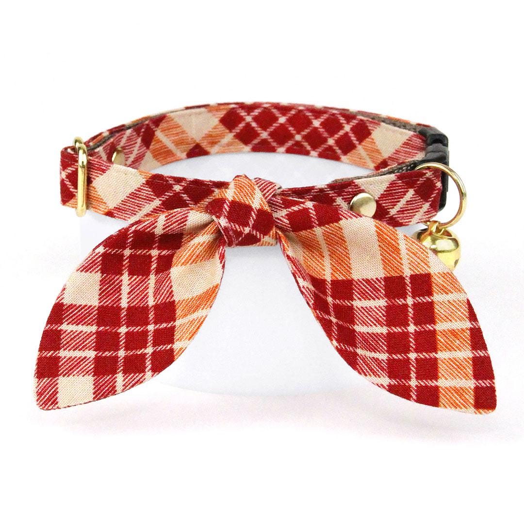 Burgundy Cat Collar - "Russet Ridge" - Fall Cranberry Plaid Cat Collar / Thanksgiving, Winter / Breakaway Buckle or Non-Breakaway / Cat, Kitten + Small Dog Sizes