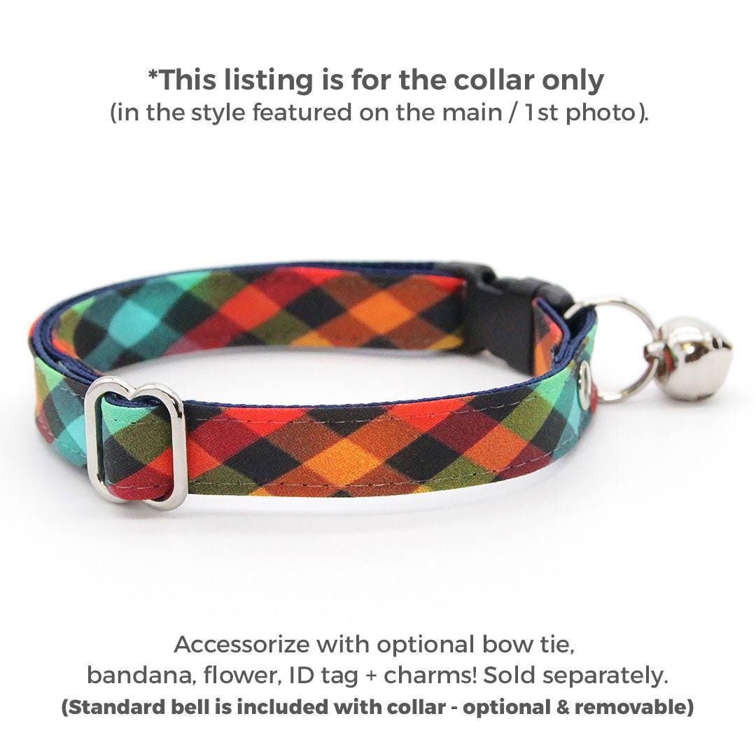 Plaid Cat Collar - "Metro" - Rainbow Check Cat Collar / Breakaway Buckle or Non-Breakaway / Back to School, Fall, Winter / Cat, Kitten + Small Dog Sizes