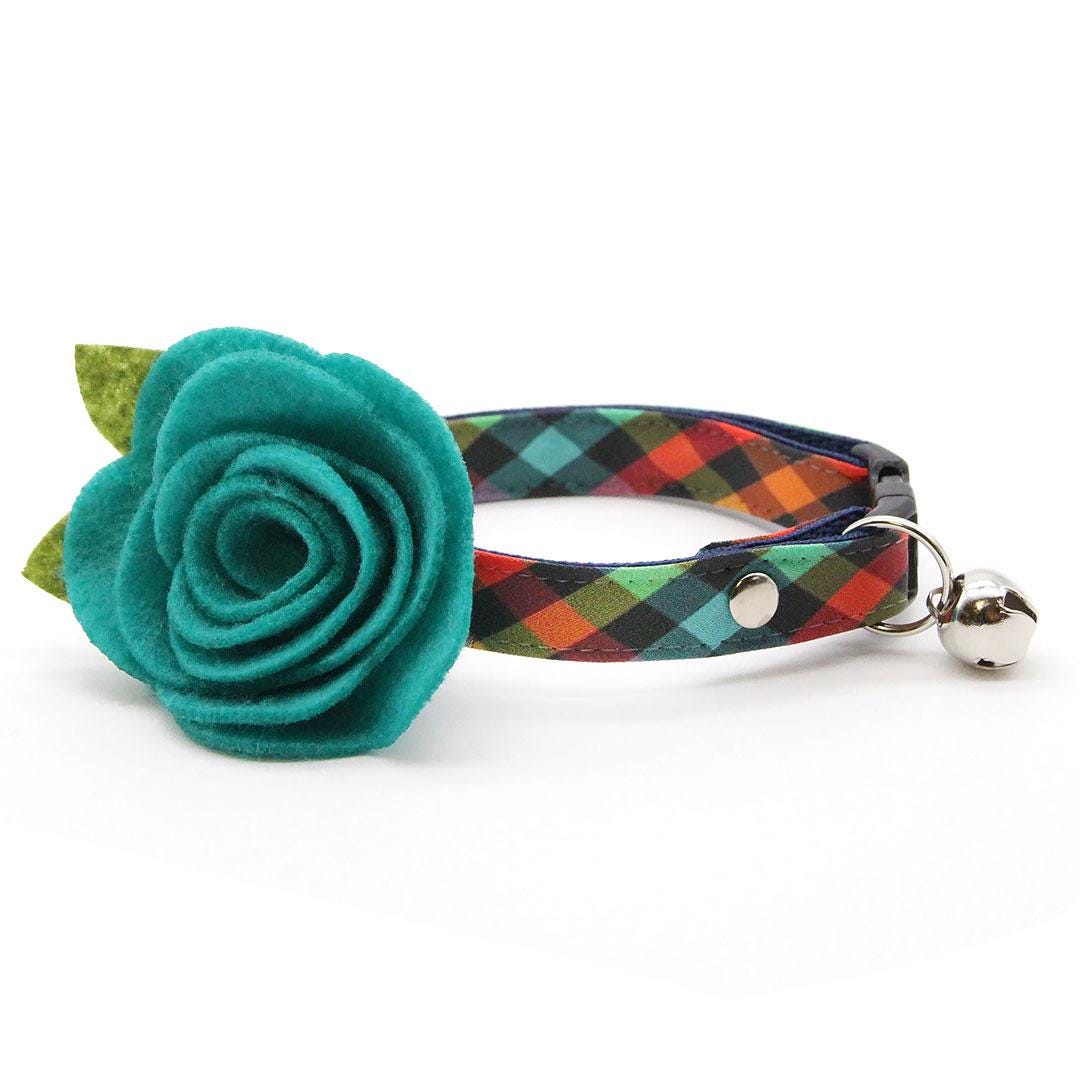 Plaid Cat Collar - "Metro" - Rainbow Check Cat Collar / Breakaway Buckle or Non-Breakaway / Back to School, Fall, Winter / Cat, Kitten + Small Dog Sizes