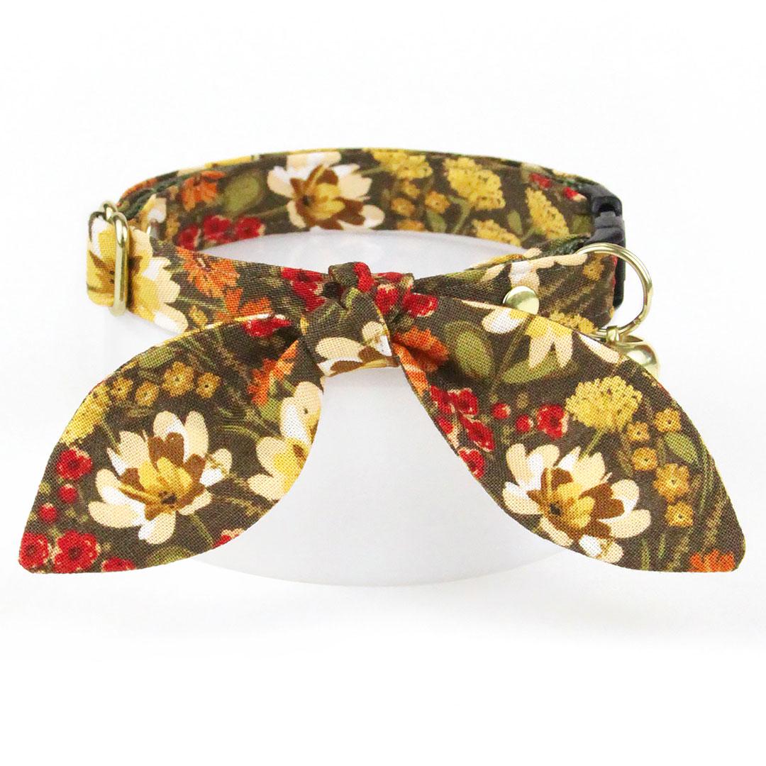 Cat Collar & Bunny Ear Bow Set - "Autumn Fields" - Fall Wildflowers Floral Cat Collar w/ Matching Bunny Bow Tie / Tie-On Scarf / Cat, Kitten + Small Dog Sizes