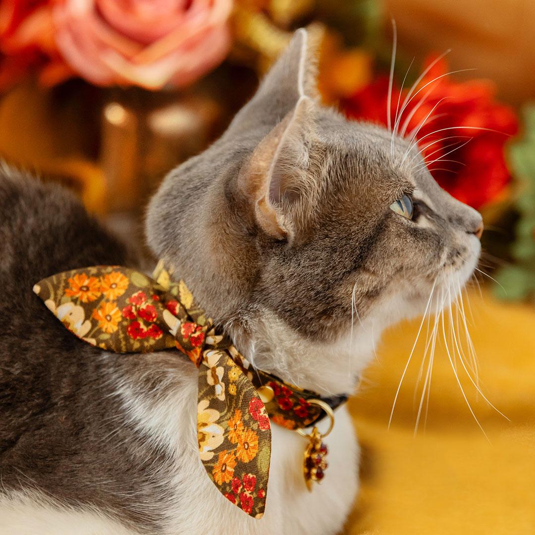 Cat Collar & Bunny Ear Bow Set - "Autumn Fields" - Fall Wildflowers Floral Cat Collar w/ Matching Bunny Bow Tie / Tie-On Scarf / Cat, Kitten + Small Dog Sizes