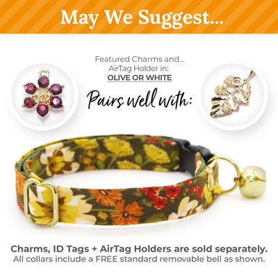 Cat Collar & Bunny Ear Bow Set - "Autumn Fields" - Fall Wildflowers Floral Cat Collar w/ Matching Bunny Bow Tie / Tie-On Scarf / Cat, Kitten + Small Dog Sizes