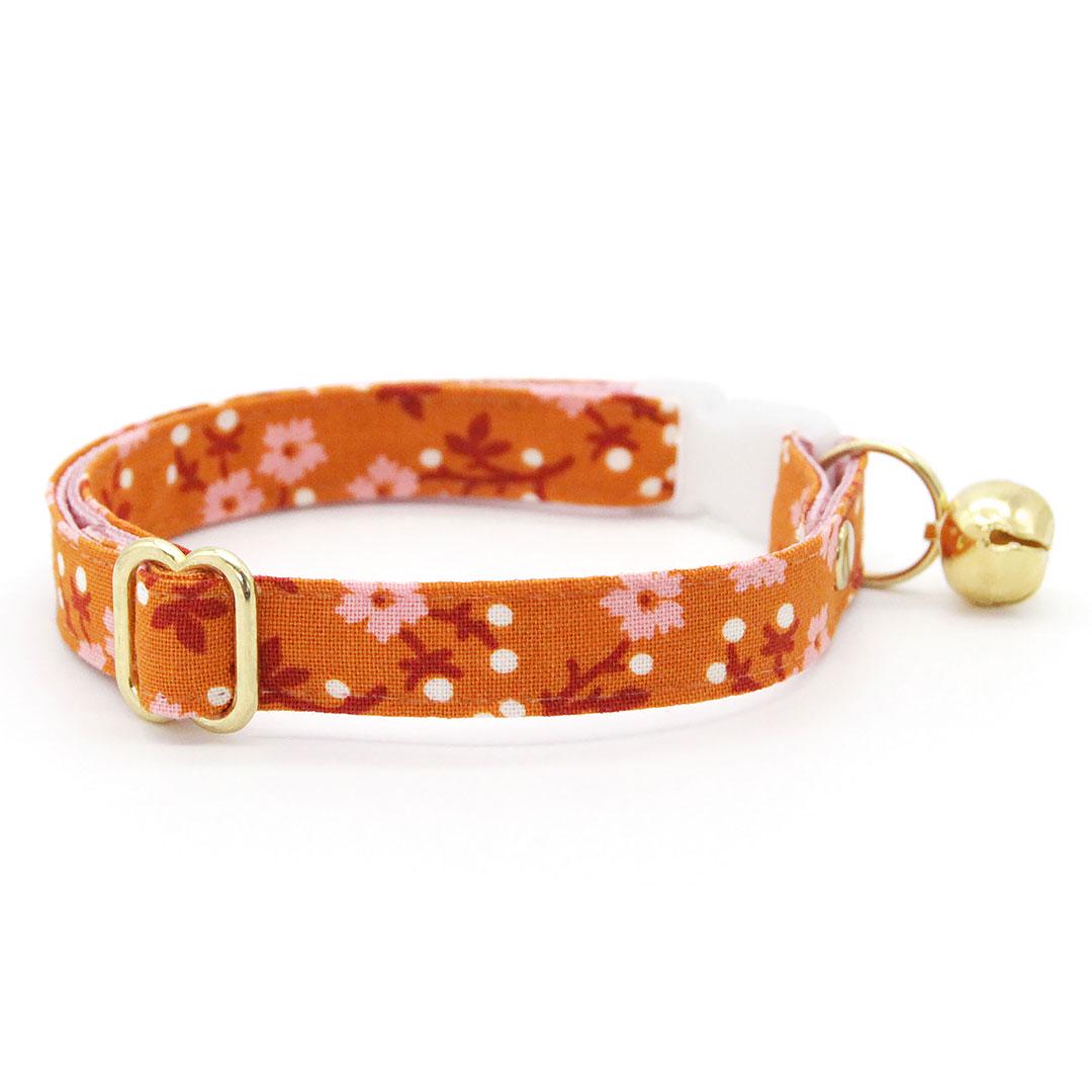Cat Collar & Bunny Ear Bow Set - "Ginger Blossom" - Burnt Orange & Pink Floral Cat Collar w/ Matching Bunny Bow Tie / Tie-On Scarf / Cat, Kitten + Small Dog Sizes