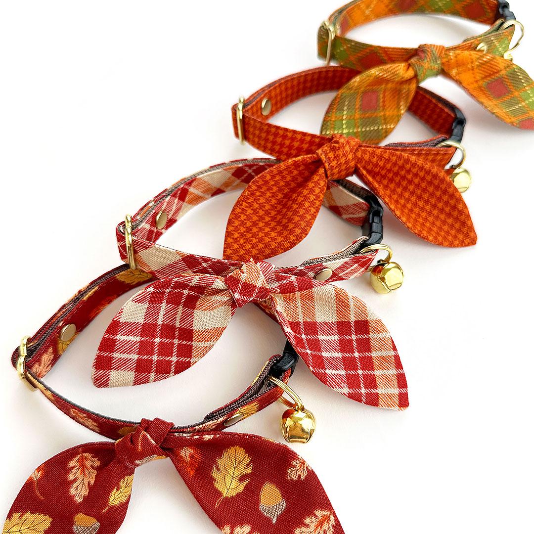 Cat Collar & Bunny Ear Bow Set - "Pumpkin Spice" - Burnt Orange Houndstooth Fall Cat Collar w/ Matching Bunny Bow Tie / Thanksgiving / Tie-On Scarf / Cat, Kitten + Small Dog Sizes