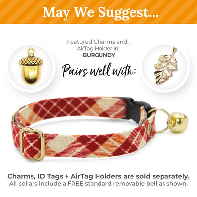 Cat Collar & Bunny Ear Bow Set - "Russet Ridge" - Burgundy Plaid Fall Cat Collar w/ Matching Bunny Bow Tie / Thanksgiving / Tie-On Scarf / Cat, Kitten + Small Dog Sizes