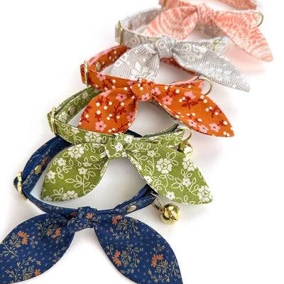 Cat Collar & Bunny Ear Bow Set - "Moss" - Light Olive Green Floral Cat Collar w/ Matching Bunny Bow Tie / Tie-On Scarf / Cat, Kitten + Small Dog Sizes