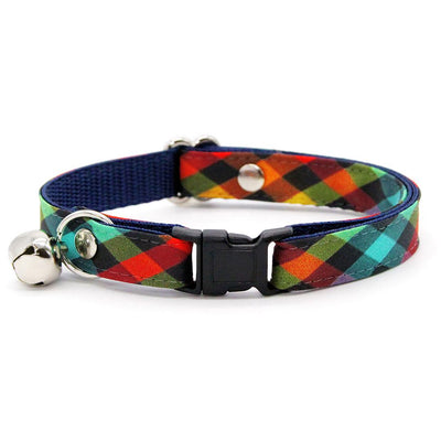 Cat Collar & Bunny Ear Bow Set - "Metro" - Arty Rainbow Check Plaid Cat Collar w/ Matching Bunny Bow Tie / Tie-On Scarf / Cat, Kitten + Small Dog Sizes