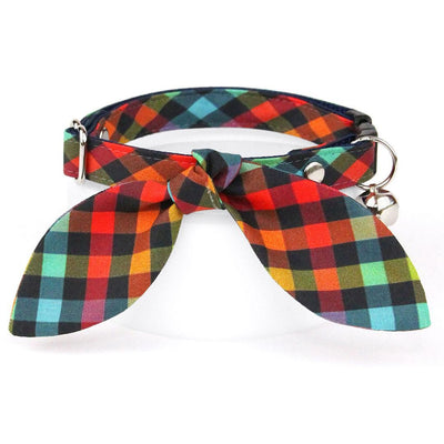Cat Collar & Bunny Ear Bow Set - "Metro" - Arty Rainbow Check Plaid Cat Collar w/ Matching Bunny Bow Tie / Tie-On Scarf / Cat, Kitten + Small Dog Sizes
