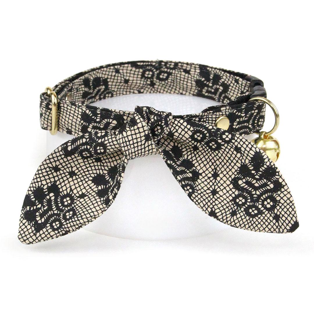 Cat Collar & Bunny Ear Bow Set - "Filigree Black" - Simulated Lace Black Cat Collar w/ Matching Bunny Bow Tie / Wedding, Boudoir, Gothic / Tie-On Scarf / Cat, Kitten + Small Dog Sizes
