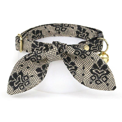 Cat Collar & Bunny Ear Bow Set - "Filigree Black" - Simulated Lace Black Cat Collar w/ Matching Bunny Bow Tie / Wedding, Boudoir, Gothic / Tie-On Scarf / Cat, Kitten + Small Dog Sizes