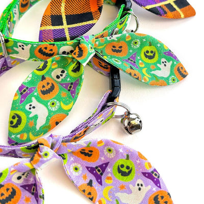 Cat Collar & Bunny Ear Bow Set - "Creepy Cuties - Purple" - Spooky Cute Halloween Cat Collar w/ Matching Bunny Bow Tie / Tie-On Scarf / Cat, Kitten + Small Dog Sizes