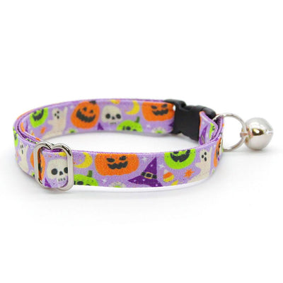 Cat Collar & Bunny Ear Bow Set - "Creepy Cuties - Purple" - Spooky Cute Halloween Cat Collar w/ Matching Bunny Bow Tie / Tie-On Scarf / Cat, Kitten + Small Dog Sizes