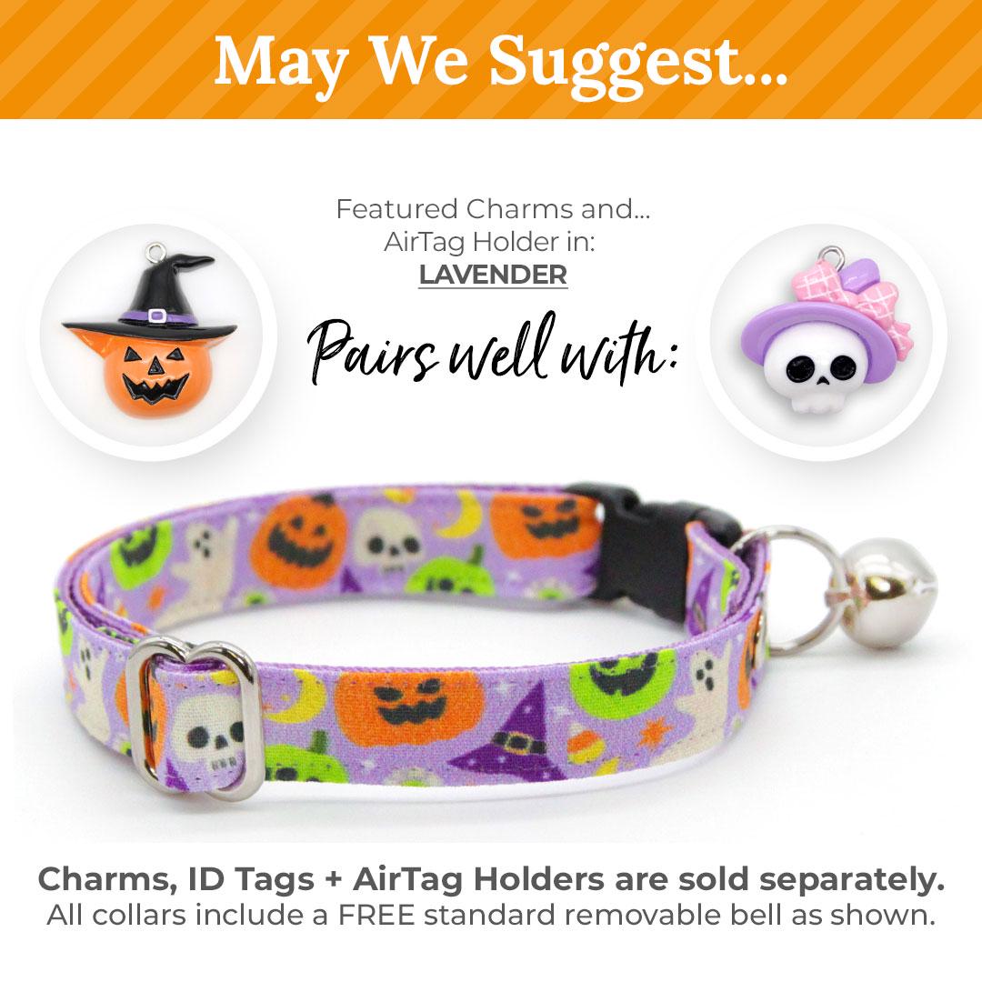 Cat Collar & Bunny Ear Bow Set - "Creepy Cuties - Purple" - Spooky Cute Halloween Cat Collar w/ Matching Bunny Bow Tie / Tie-On Scarf / Cat, Kitten + Small Dog Sizes