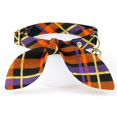 Cat Collar & Bunny Ear Bow Set - "Midnight Mischief" - Halloween Plaid Cat Collar w/ Matching Bunny Bow Tie / Tie-On Scarf / Cat, Kitten + Small Dog Sizes