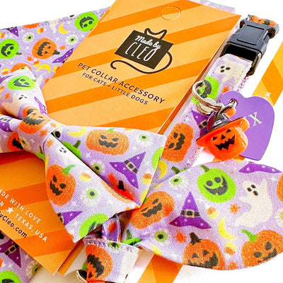 Halloween Cat Bandana - "Creepy Cuties - Purple" - Spooky Purple Bandana for Cat + Small Dog / Ghost, Pumpkin, Skull / Slide-on Bandana / Over-the-Collar