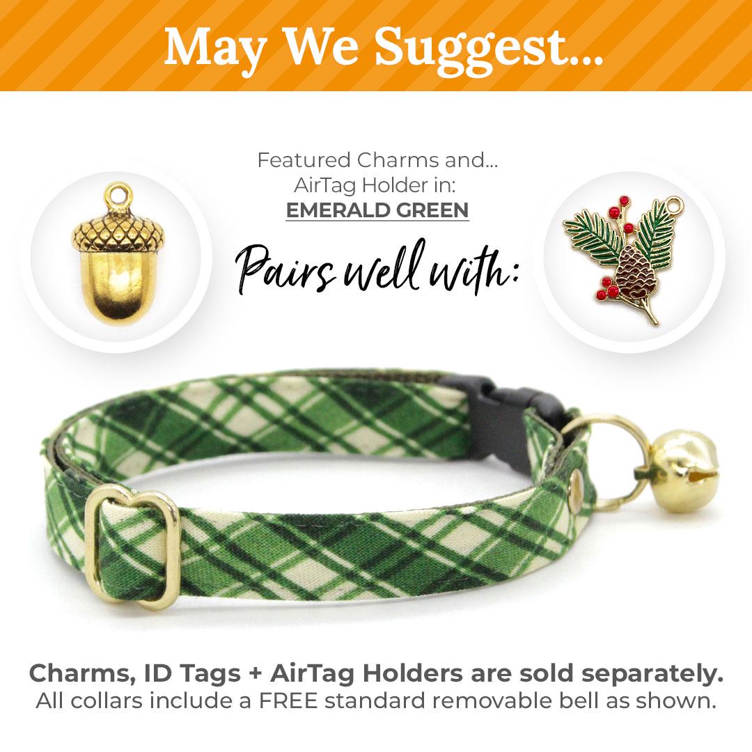 Cat Collar + Flower Set - "Pinecrest" - Green Plaid Cat Collar w/ Clover Green Felt Flower (Detachable) / Cat, Kitten + Small Dog Sizes