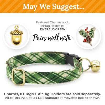 Cat Collar + Flower Set - "Pinecrest" - Green Plaid Cat Collar w/ Clover Green Felt Flower (Detachable) / Cat, Kitten + Small Dog Sizes