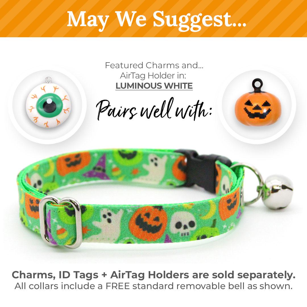 Cat Collar + Flower Set - "Creepy Cuties - Green" - Halloween Cat Collar w/ Leaf Green Felt Flower (Detachable) / Cat, Kitten + Small Dog Sizes