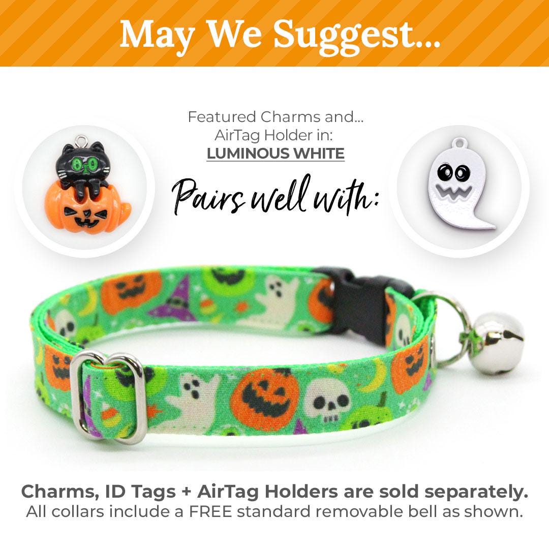 Cat Collar + Flower Set - "Creepy Cuties - Green" - Halloween Cat Collar w/ Leaf Green Felt Flower (Detachable) / Cat, Kitten + Small Dog Sizes