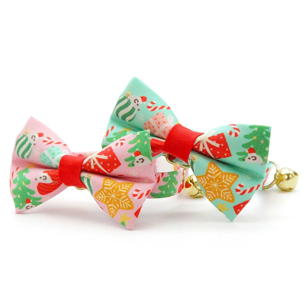 Holiday Cat Bow Tie - "Merry Mice - Pink" - Christmas Mouse Bow Tie for Cat Collar / Whimsical, Fun / Cat, Kitten + Small Dog Bowtie