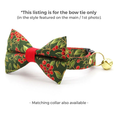 Holiday Cat Bow Tie - "Yuletide Berries" - Christmas Holly Berry Bow Tie for Cat Collar / Green & Red / Cat, Kitten + Small Dog Bowtie