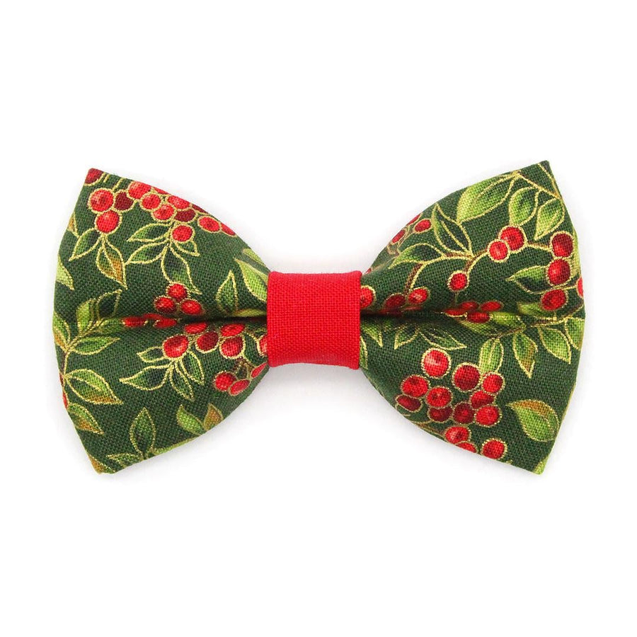 Holiday Cat Bow Tie - "Yuletide Berries" - Christmas Holly Berry Bow Tie for Cat Collar / Green & Red / Cat, Kitten + Small Dog Bowtie