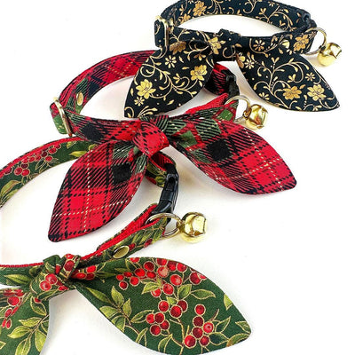 Regal Cat Collar + Bunny Ear Bow Set - "Night Bloom" - Gold & Black Cat Collar w/ Matching Bunny Bow Tie / Tie-On Scarf / Cat, Kitten + Small Dog Sizes